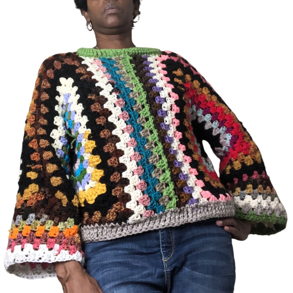 Multi-Color Artisan Cropped Pullover Bohemian Style Sweater - Picture 14 of 14